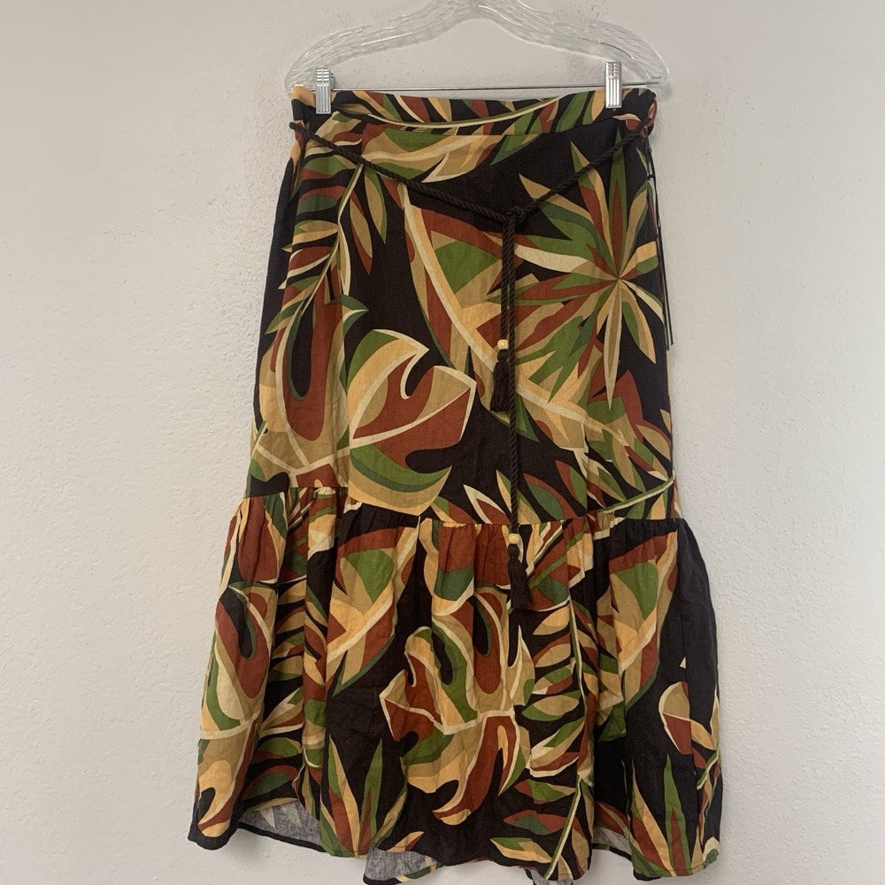 House of Harlow 1960 Maxi Skirt Large Linen Blend Tiered Belt Tropical Boho L